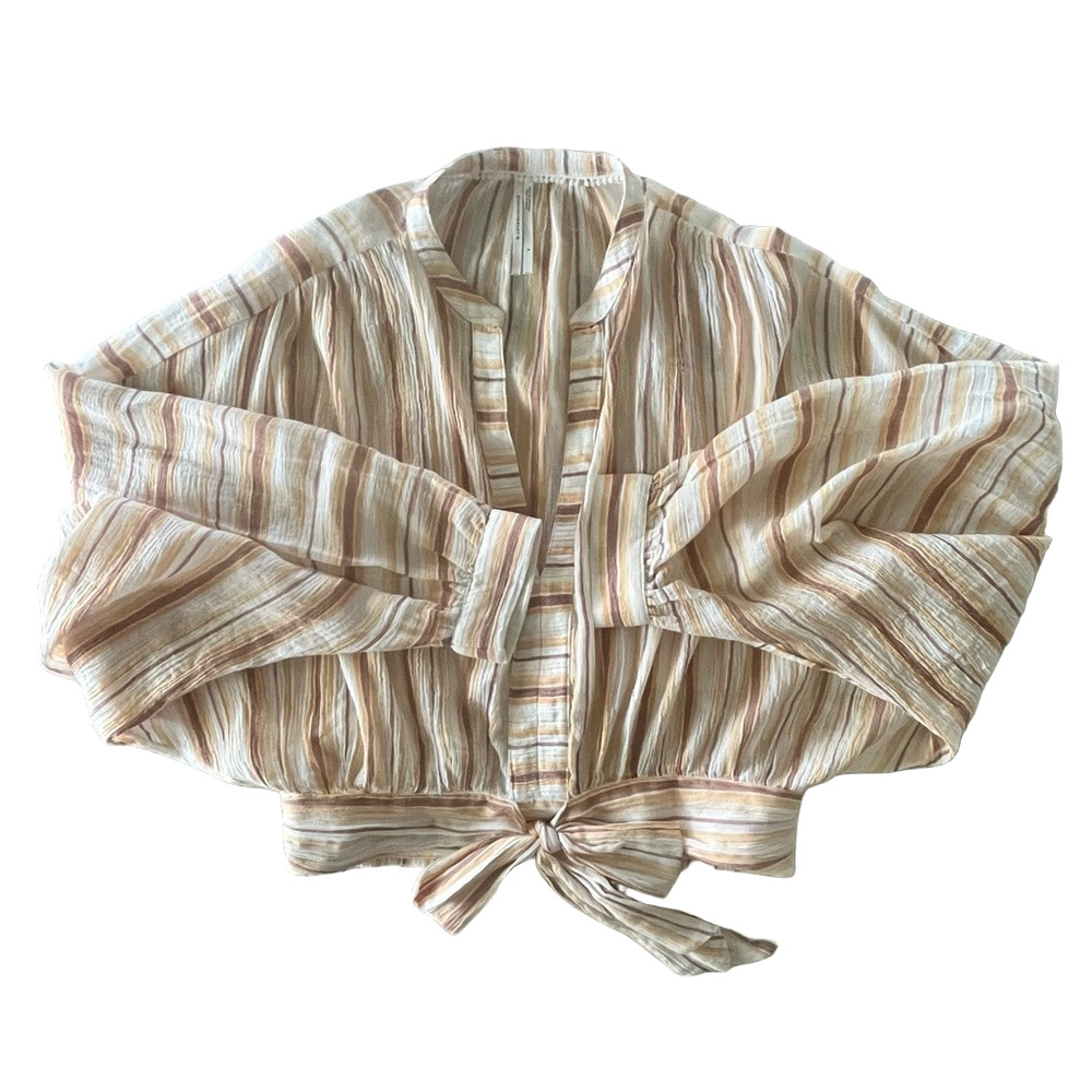 Anthropologie Tie Front Blouse Neutral Motif Batwing Sleeve Oversized Top Size S - Picture 8 of 12